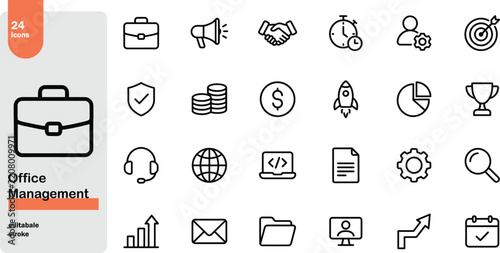 24 office management icon set briefcase handshake target rocket megaphone editable stroke vector illustration.
