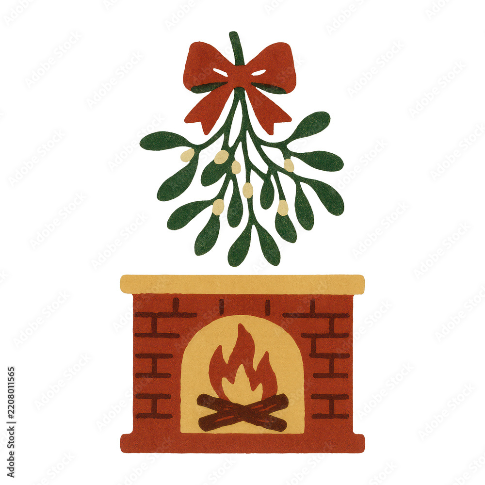 Obraz premium PNG Cozy fireplace with mistletoe illustration.