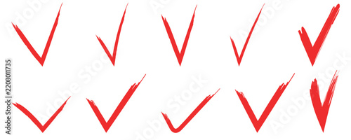Hand drawn brush stroke checkmark. Check mark tick set. Strikethrough text and important objects. Stock vector illustration isolated on white background.