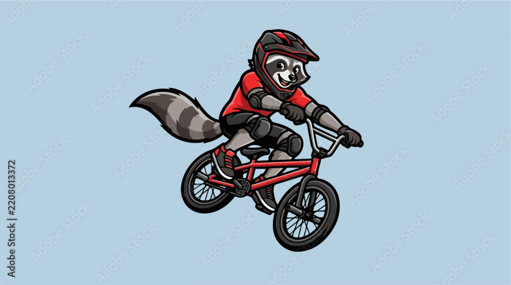 Obraz premium Raccoon character performing a jump on a BMX bike.