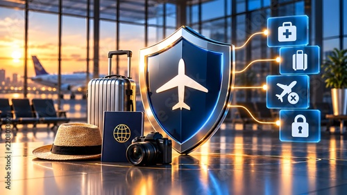 Travel insurance concept with airplane shield and icons for medical luggage flight cancellation and security at airport terminal with sunset.