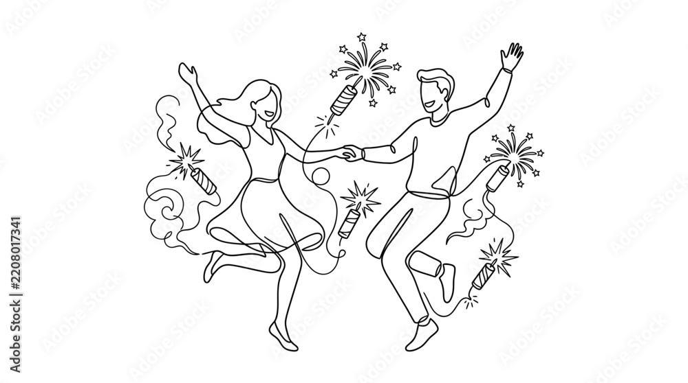 Obraz premium Happy young couple jumping and celebrating with fireworks around them in minimalist flat monochrome continuous line art style, perfect for party invitations or celebration theme concepts.