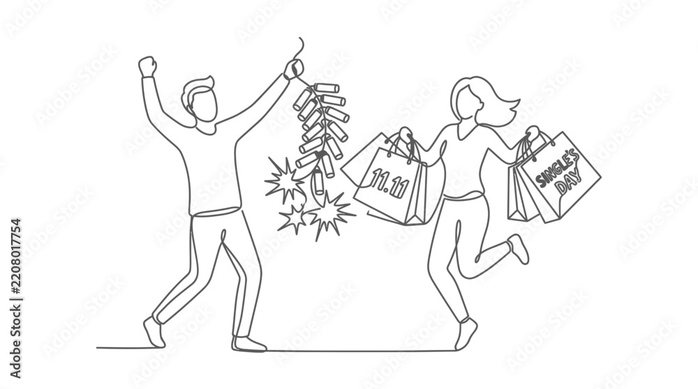 Fototapeta premium Continuous Line Drawing of a Happy Couple Celebrating Single's Day Shopping Festival with Firecrackers and Bags for 11.11 Global Sale Promotion, Minimalist Vector Illustration Design.