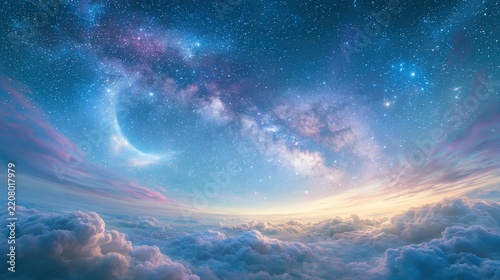 Magical Night Sky with Milky Way Galaxy and Glowing Crescent Moon over Clouds