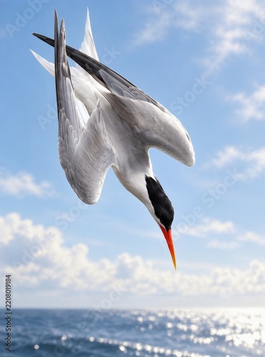 A graceful seabird with white feathers and black markings dives toward the ocean under a bright, sunny sky. Vibrant colors and dynamic movement captured.