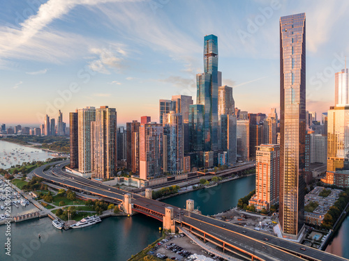 Sunlit Chicago Riverfront Towers and Bridge at Golden Hour
