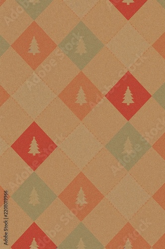 Seamless christmas argyle pattern with pine trees on a textured brown background