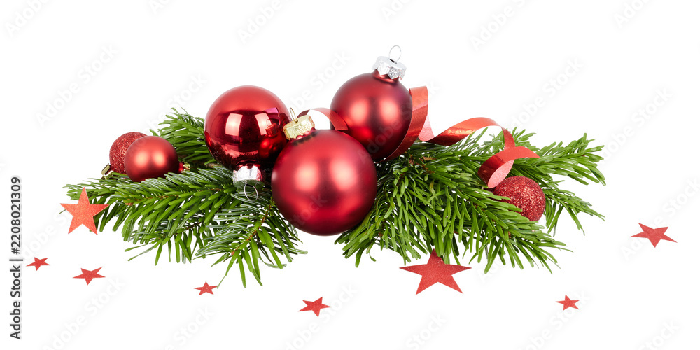 Obraz premium christmas decoration with red balls, ribbon and fir tree twigs isolated on white or transparent png