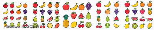 Fruits icon set. Containing apple, banana, orange, grape, strawberry, watermelon,  and more