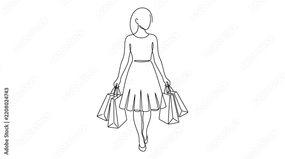 Fototapeta premium Minimalist continuous line drawing of an elegant woman in a dress walking and carrying several shopping bags, concept of retail therapy, fashion consumerism, and modern lifestyle shopping.