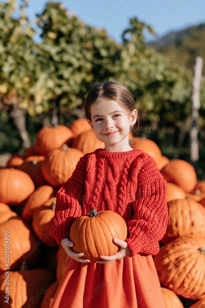 Obraz premium Young girl with red sweater holding pumpkin autumn harvest portrait for fall wallpaper background