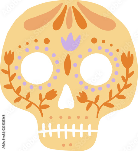 Colorful hand-drawn sugar skull decorated with flowers and intricate patterns, Mexican-inspired illustrations for Día de los Muertos, Day of the Dead and Halloween celebrations. Vector illustration