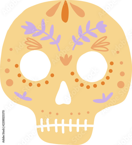 Colorful hand-drawn sugar skull decorated with flowers and intricate patterns, Mexican-inspired illustrations for Día de los Muertos, Day of the Dead and Halloween celebrations. Vector illustration