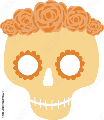 Colorful hand-drawn sugar skull decorated with flowers and intricate patterns, Mexican-inspired illustrations for Día de los Muertos, Day of the Dead and Halloween celebrations. Vector illustration