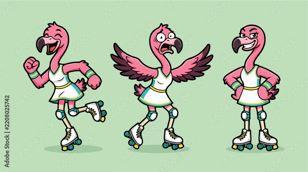 Fototapeta premium Three pink flamingo characters in roller skating poses.