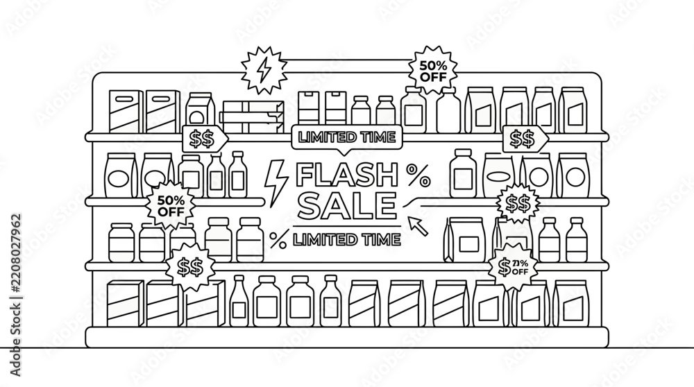 Obraz premium Flat continuous line vector illustration of supermarket shelves featuring a flash sale promotion, limited time offer banners, discount labels, and generic grocery products in a minimalist style.