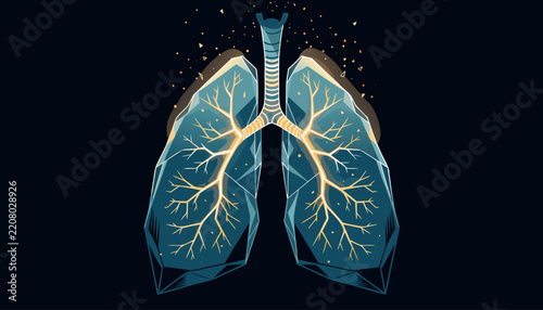 Abstract vector illustration of human lungs made of glowing crystal facets and trachea on dark background