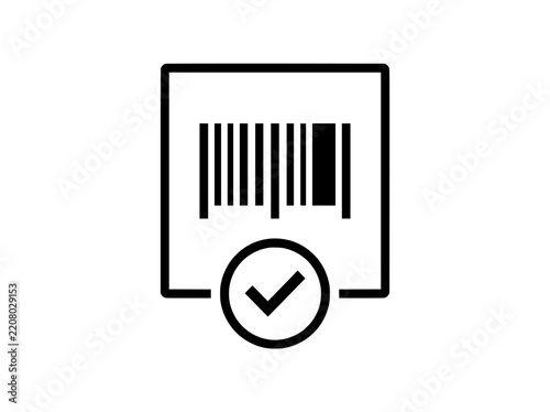 Barcode scan verified vector icon, success checkout bar code line symbol, black linear product code check mark emblem