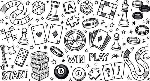 Board game icons, a collection of various tabletop gaming and pieces on white background