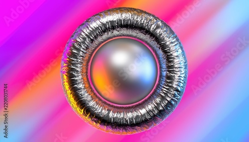 A metallic torus with a reflective sphere inside sits on a vibrant, abstract background.