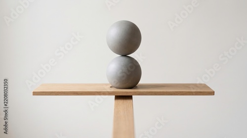 Stacked grey spheres balance in the center of a wooden crossbeam supported by a vertical post.