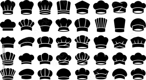 Collection of various chef hats and cooking headwear silhouettes, different styles and shapes, professional kitchen uniform elements