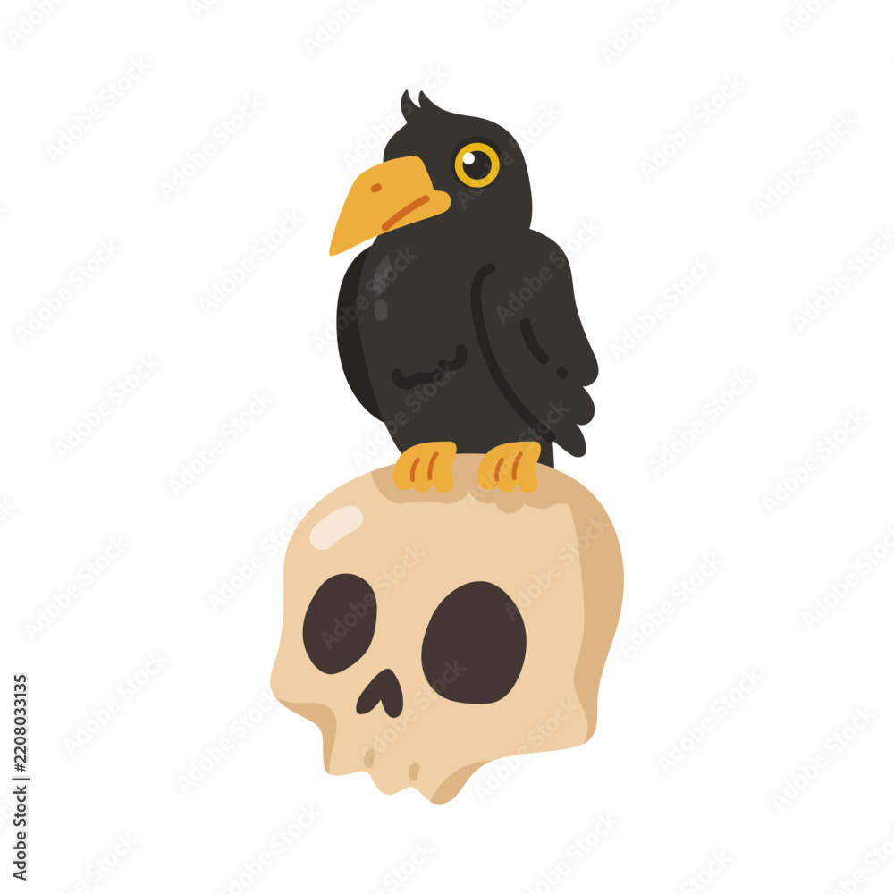 Fototapeta premium Whimsical black raven perched on a stylized skull, perfect for spooky themes