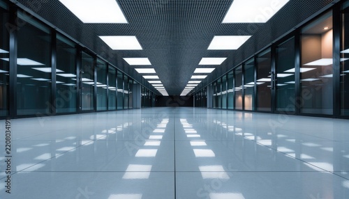 Modern architecture with a long, symmetrical corridor featuring glass walls and reflective flooring.