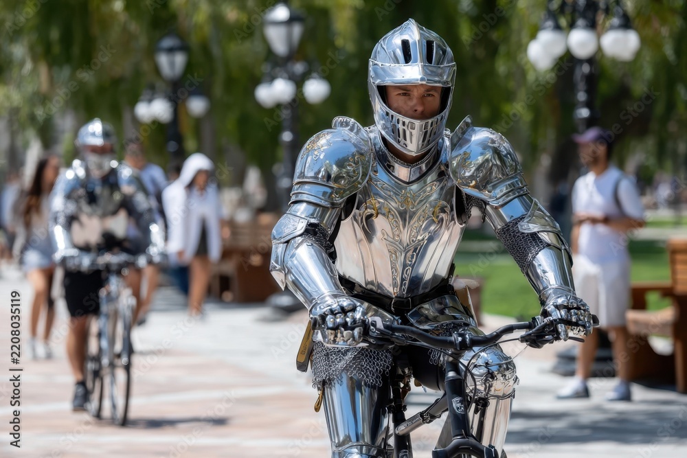 Fototapeta premium Bicyclists in shining armor ride through a park on a sunny day