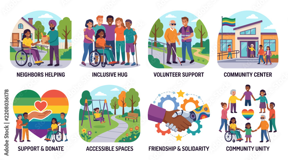Fototapeta premium Community support groups promote inclusivity, accessibility, and solidarity through volunteer efforts, helping neighbors, and providing accessible spaces to foster unity among diverse groups of.