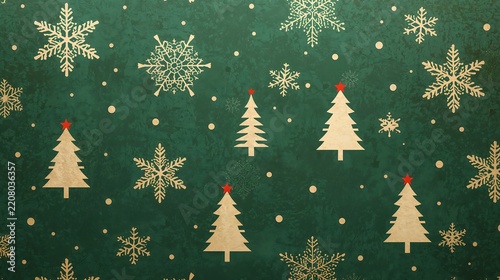 Seamless christmas pattern with golden snowflakes and stylized fir trees with red stars on a dark green background
