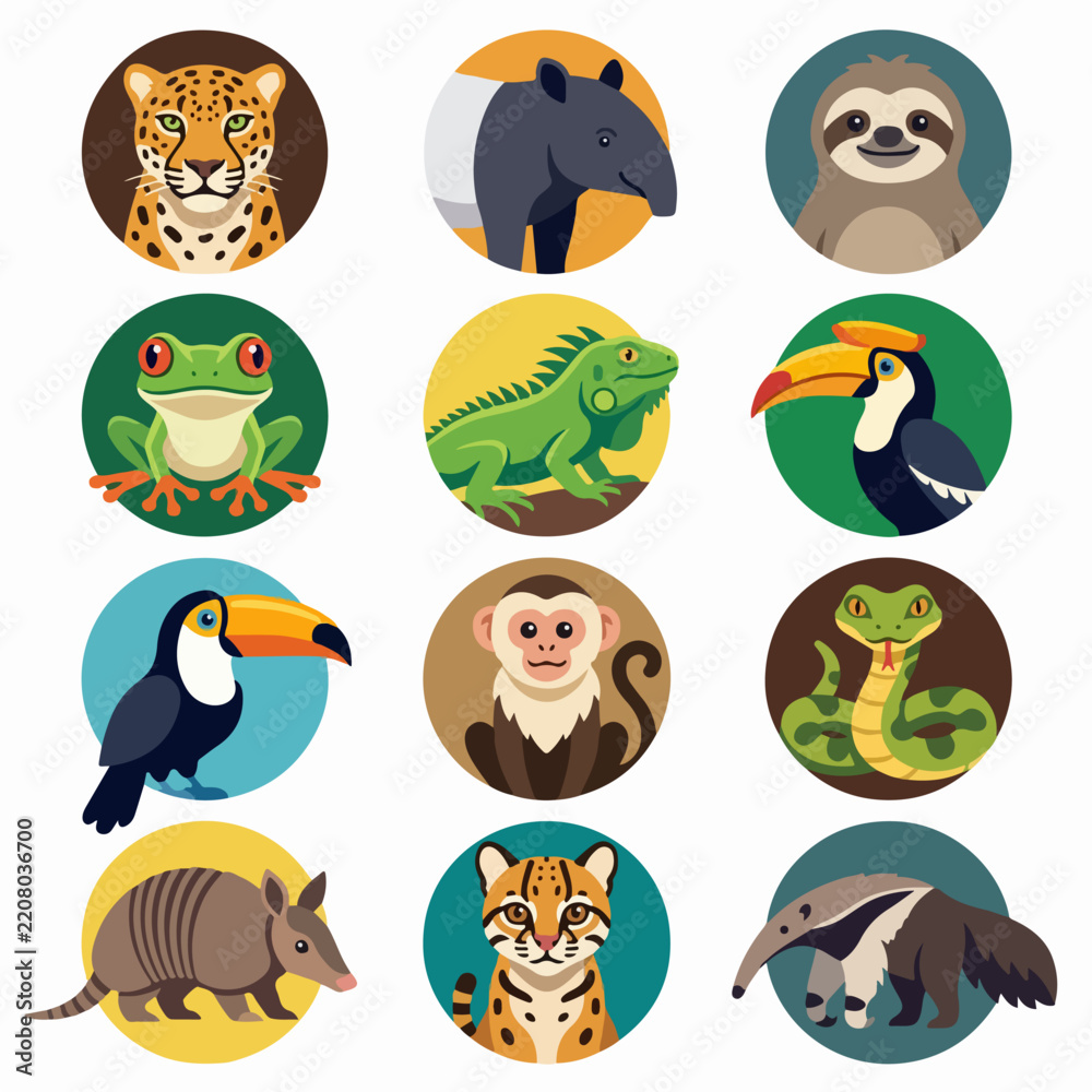 Obraz premium Wild animal head icons in colorful circular frames.