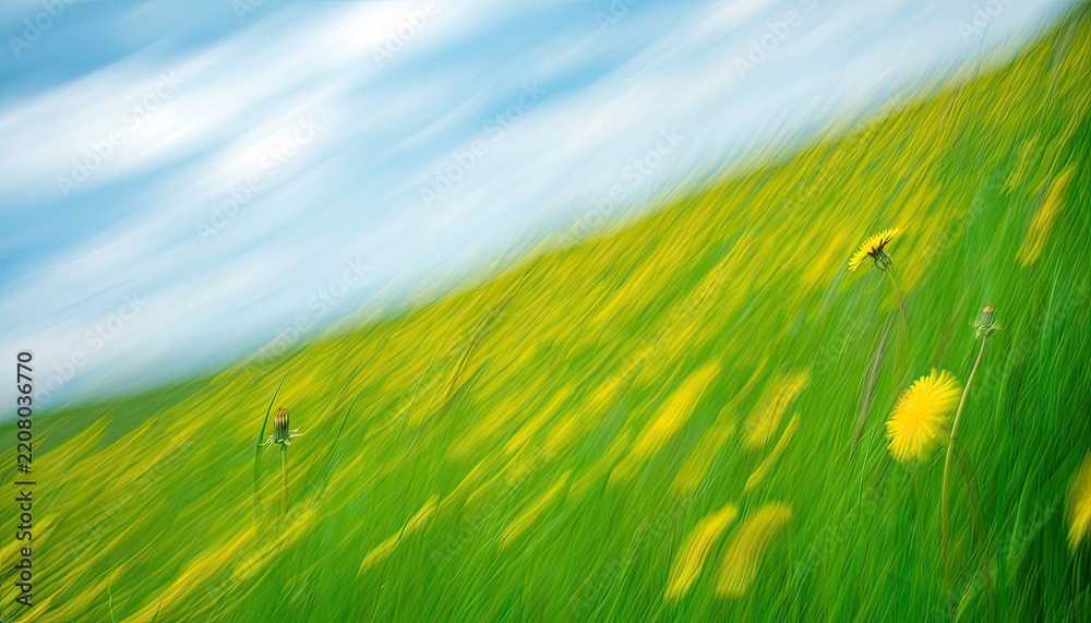 Naklejka premium Abstract Impression of a Dandelion Field Under a Blurry Sky