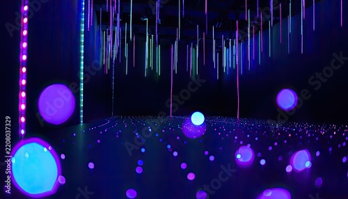 An immersive light installation featuring glowing orbs and hanging LED lights.