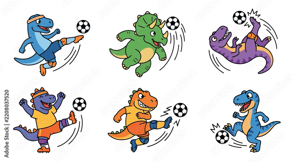 Fototapeta premium Cute cartoon dinosaurs playing soccer, isolated on transparent background