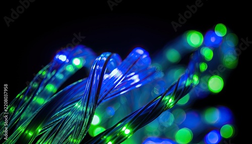 Macro shot of blue and green LED lights on twisted cables with bokeh.