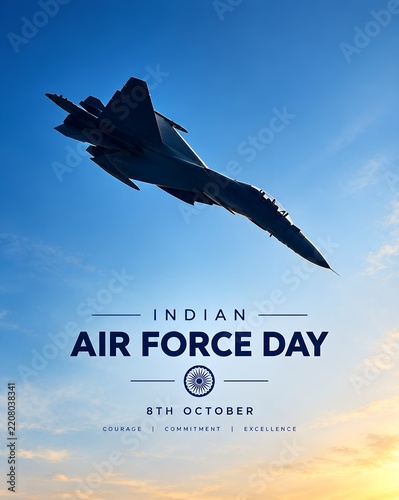 Indian air force day celebration poster with a fighter jet silhouette flying in the clear blue sky
