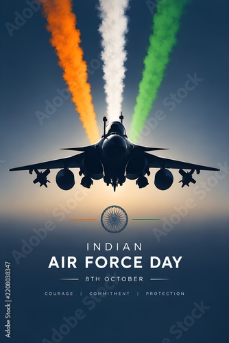 Indian air force day poster with fighter jet silhouette and tricolor smoke trails in the sky
