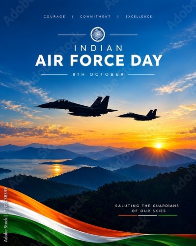 Indian air force day celebration poster with fighter jets flying over mountains at sunset with indian flag