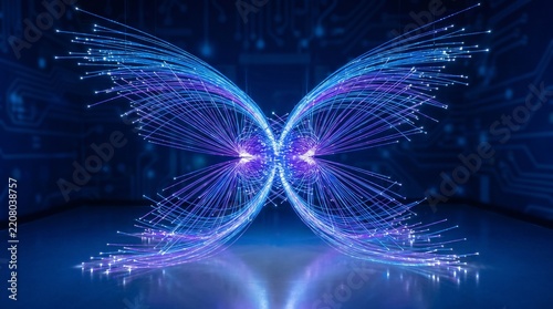 Glowing digital butterfly formed by optical fibers in shades of blue and purple against a dark background with circuit patterns.
