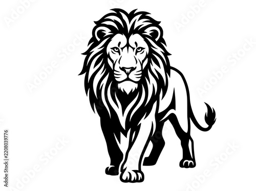 Majestic lion vector illustration, black and white big cat mascot logo, powerful wild predator line art, athletic team emblem icon