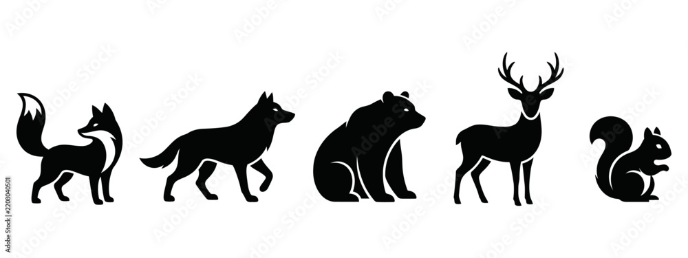 Obraz premium Silhouette of a fox wolf bear deer and squirrel in a row
