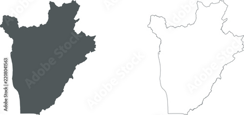 Vector silhouette and outline map of Burundi isolated on white background