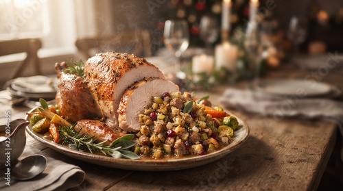 Plated sliced roasted turkey with seasoned root vegetables