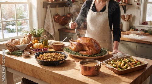 Traditional Thanksgiving dinner table laden with holiday dishes