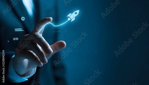 Digital Business Concept with Hand Interacting with Rocket Icon on Virtual Interface