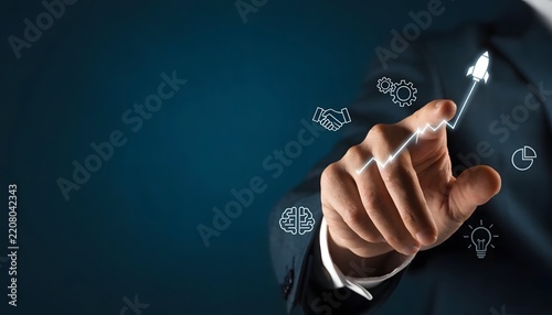 Businessman in formal attire touching digital rising growth chart with icons