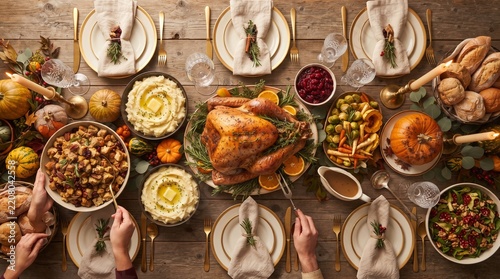 Overhead flat lay of a Thanksgiving table spread with turkey and sides
