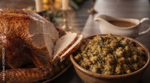 Sliced turkey breast on a plate with traditional holiday side dishes