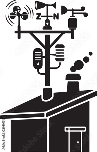 Monochromatic vector illustration of a weather station with anemometer, wind vane, and thermometer mounted on a pole above a house with a smoking chimney, isolated on transparent background.